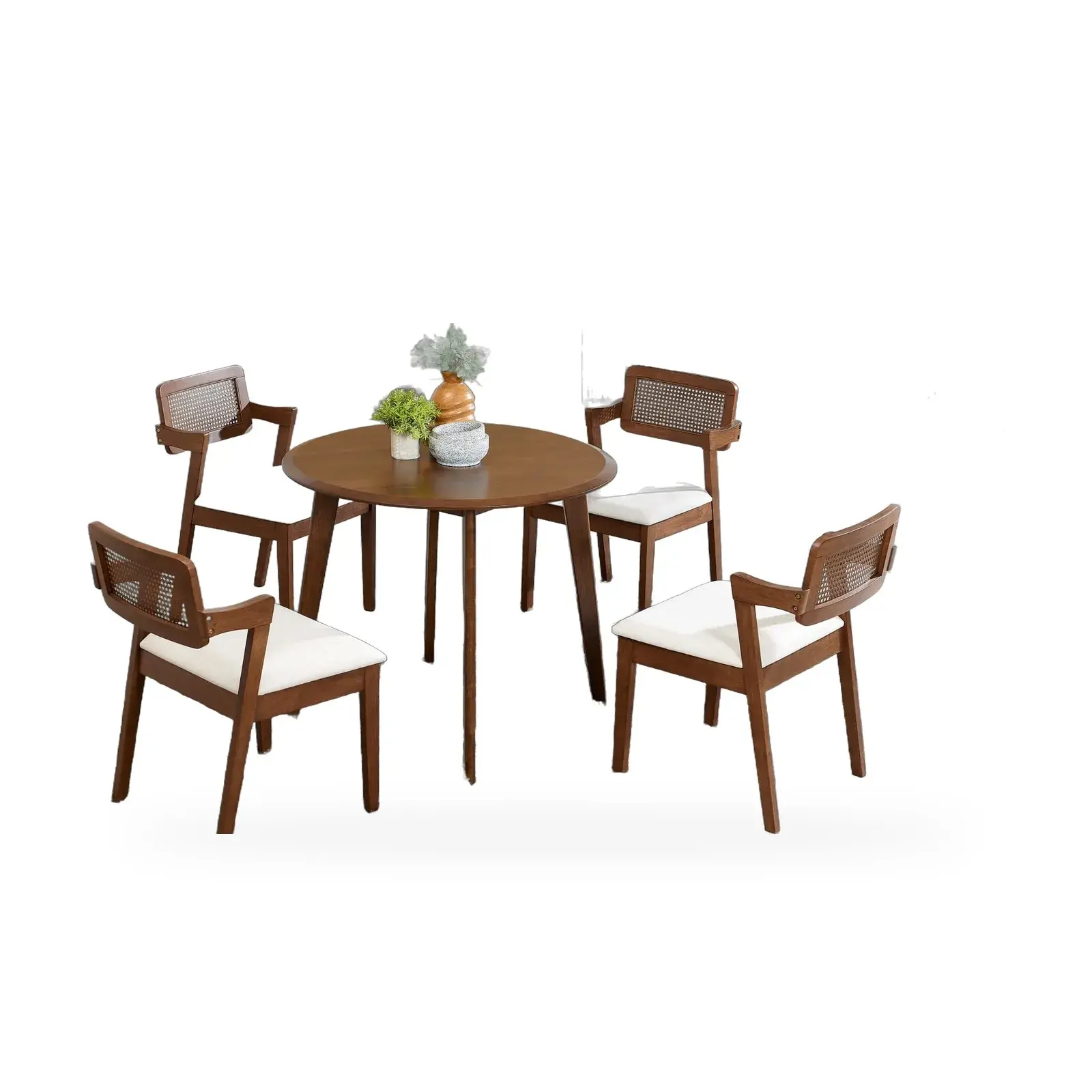 Round walnut dining set, 1 table and 4 chairs