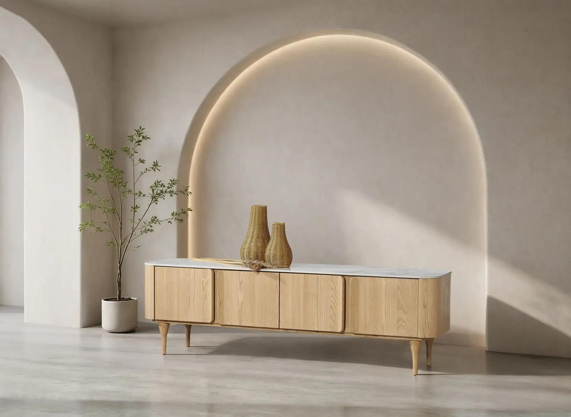 Light oak TV cabinet with marble-look top