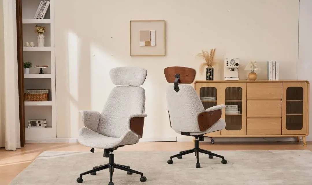 High-back office chair with wooden arms