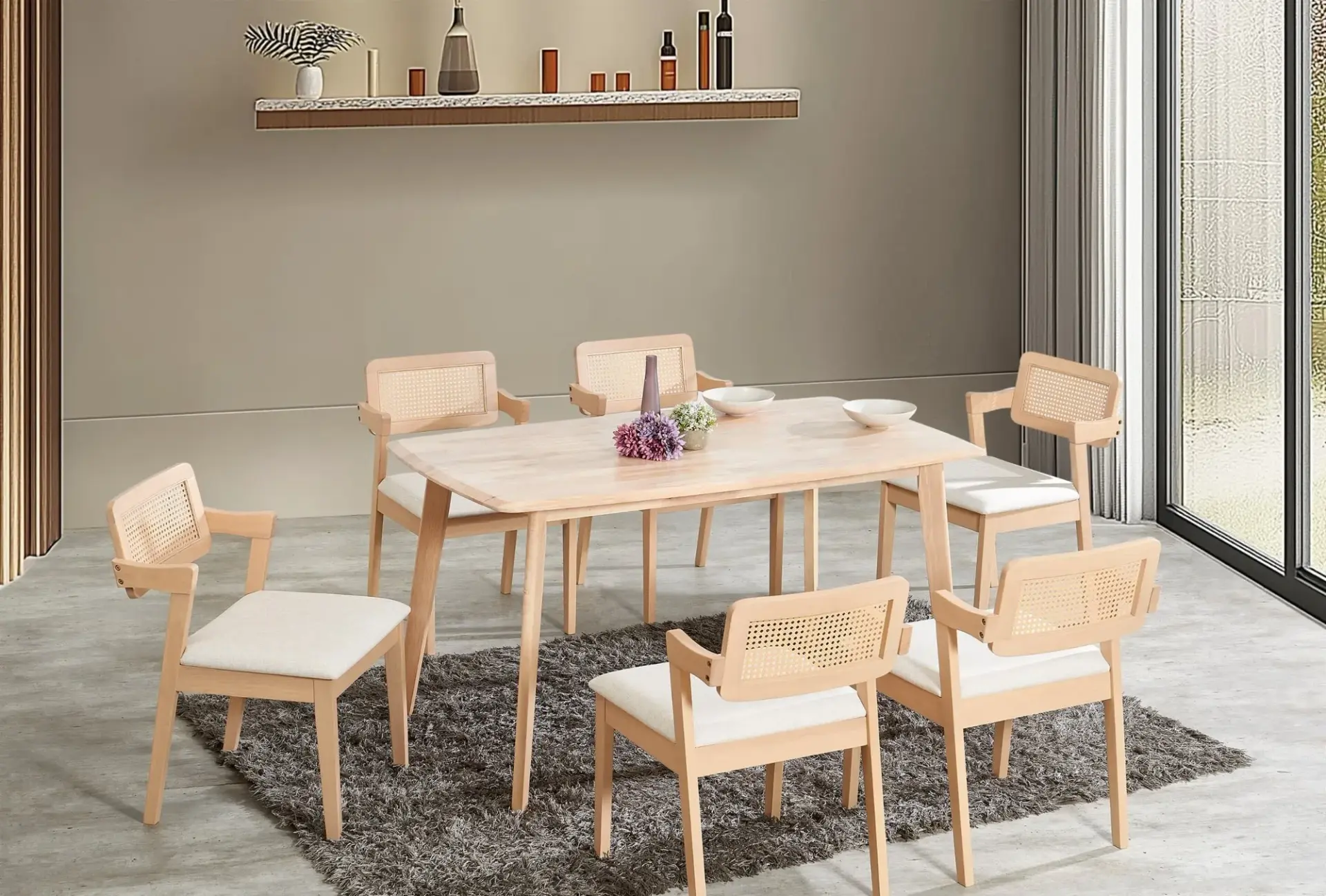 Lily White dining set with rattan-back chairs